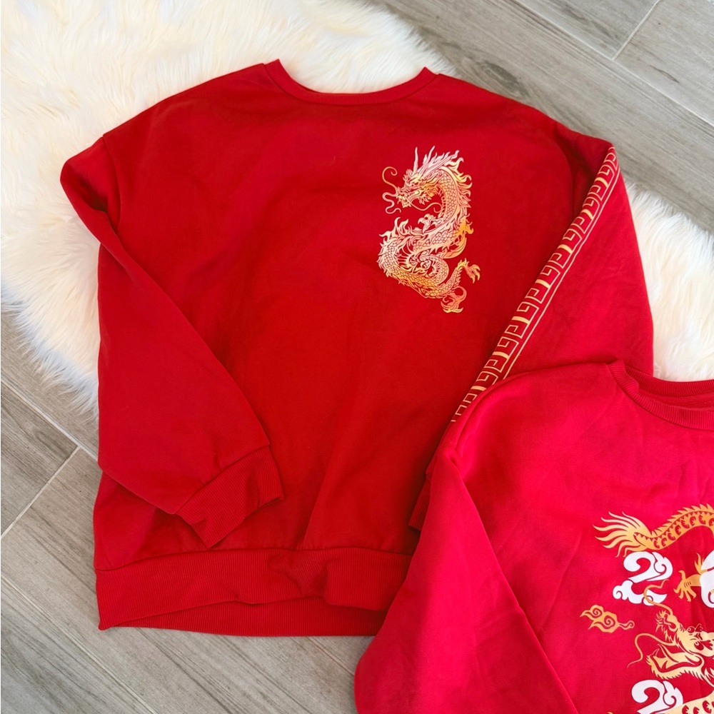 2 Red Sweatshirt with Gold Dragon Embroidery